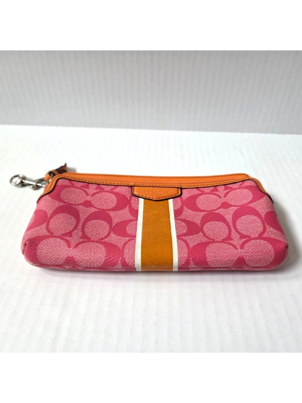 Coach Wallet Pink Orange Signature Stripe Coated Canvas Double Zip Wristlet - Picture 4 of 12